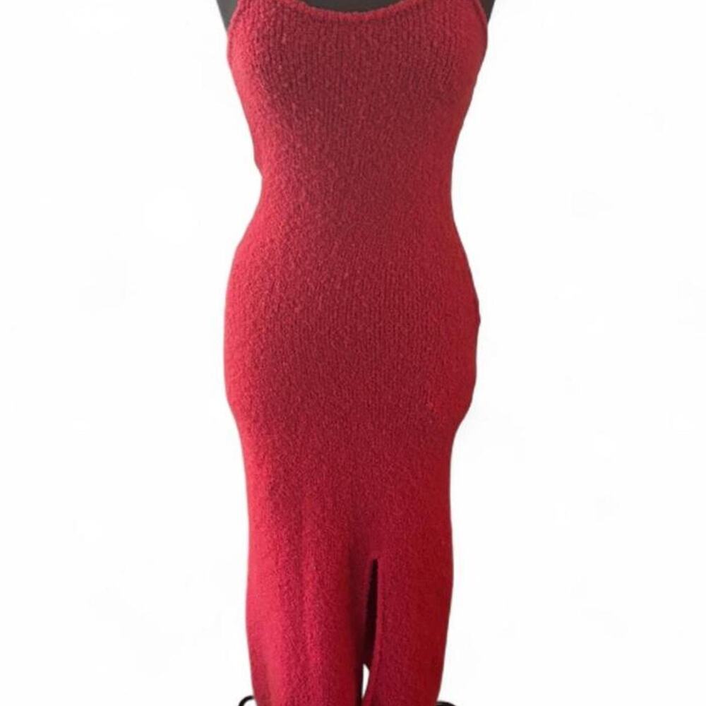 Alexandra Alonso Rojas red knit maxi dress w silver metallic beaded strap